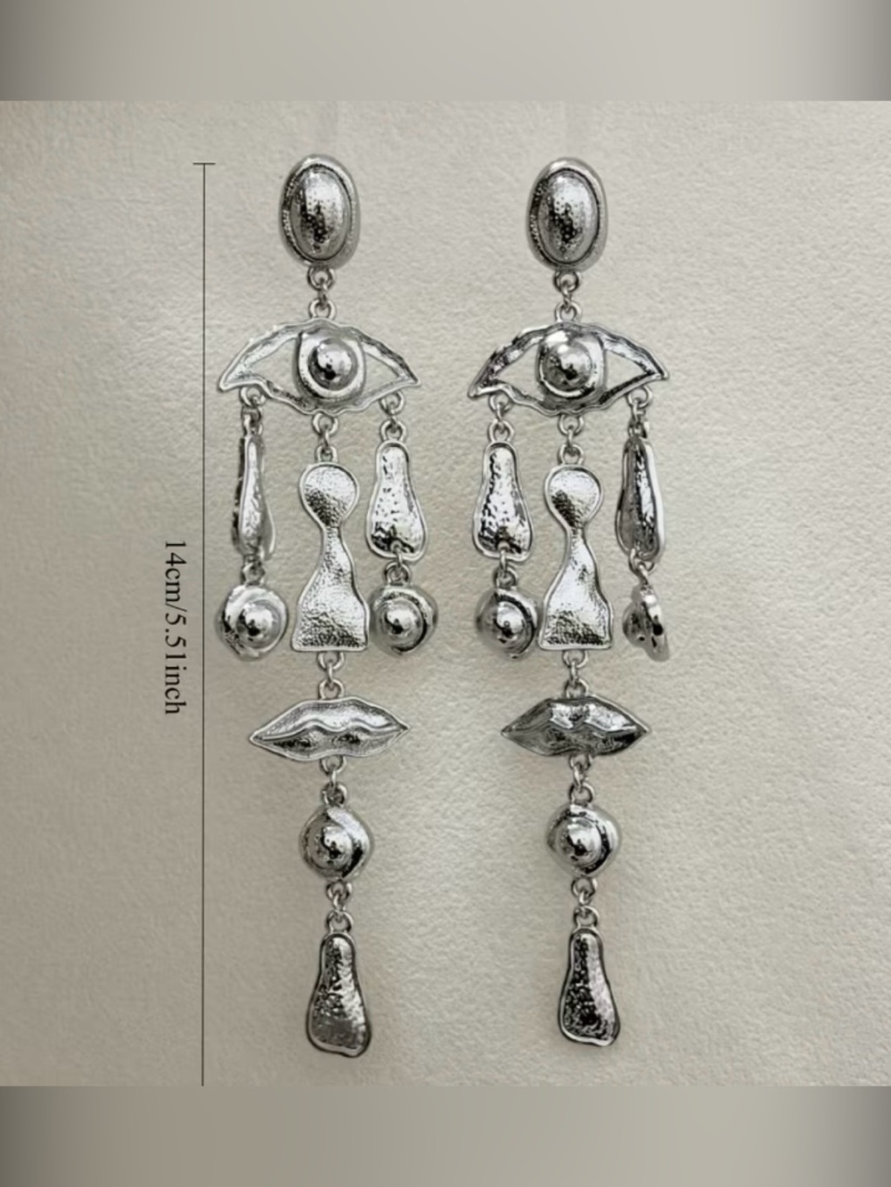 Schiaparelli Inspired Silver Drop Eye & Lip Statement Earrings